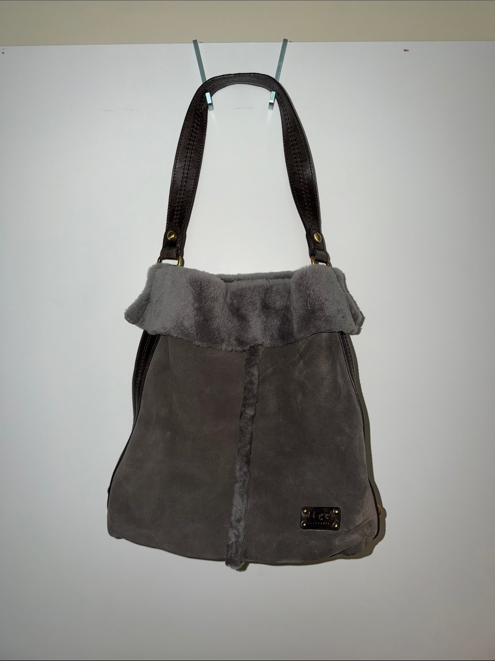 Women's Gray UGG Suede Shearling Shoulder Bag